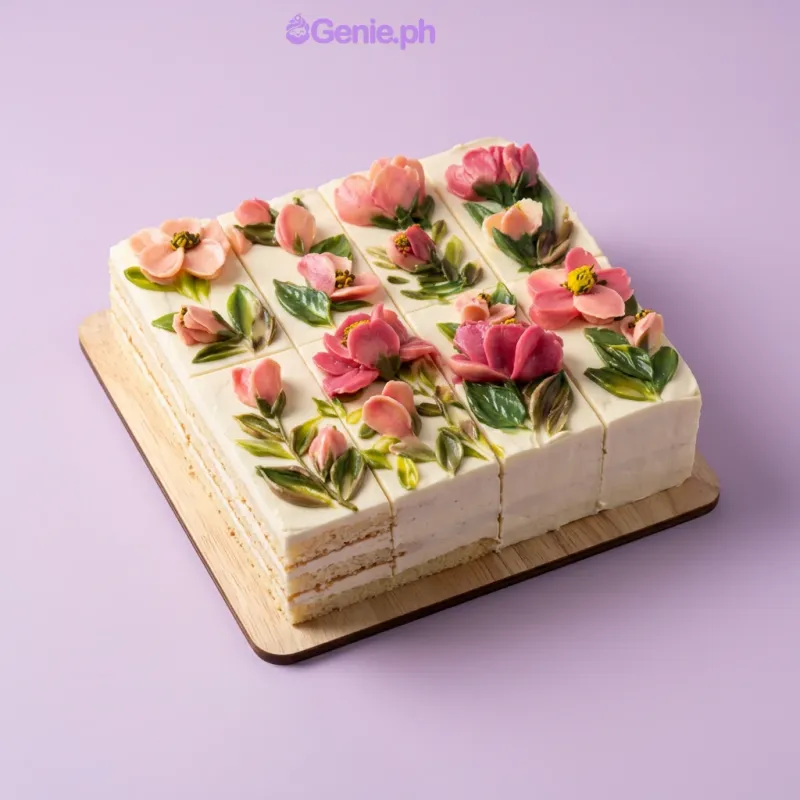Floral Cake cake design — rectangle soft icing cake in white — with piped floral icing decorations Floral Cake cake design — rectangle soft icing cake in white — with piped floral icing decorations
