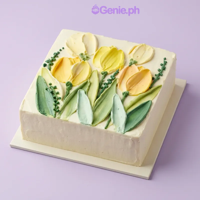 Square cake with piped buttercream tulip flowers in yellow and peach Square cake with piped buttercream tulip flowers in yellow and peach
