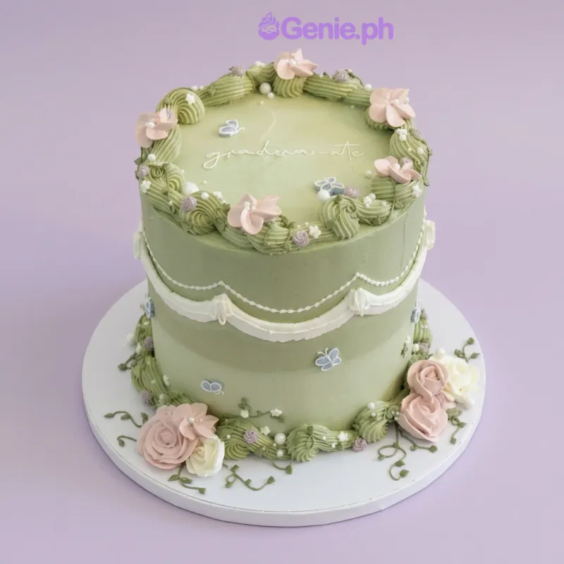 Light green 1-tier cake with pink and white edible flowers, blue butterflies, and white piped icing borders Light green 1-tier cake with pink and white edible flowers, blue butterflies, and white piped icing borders