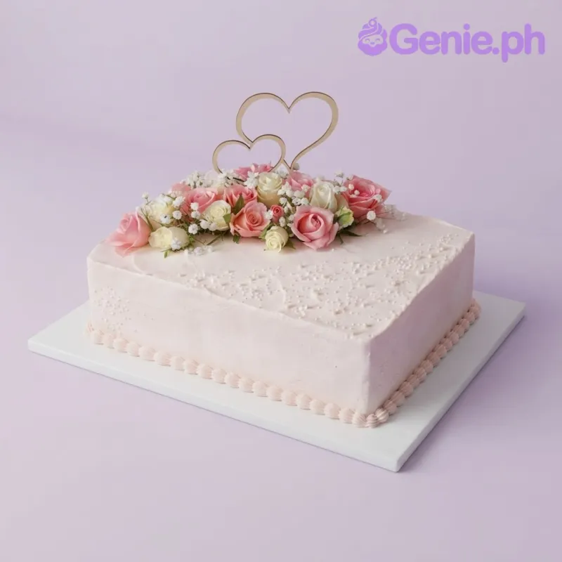 Champagne rectangle cake with smooth soft icing, floral heart theme, wooden heart topper, and pink roses Champagne rectangle cake with smooth soft icing, floral heart theme, wooden heart topper, and pink roses