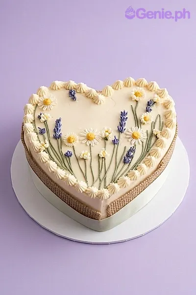 A heart-shaped ivory 1-tier cake, themed Floral Heart, featuring a piped cream border, hand-painted icing daisies, lavender, and a mint green satin ribbon. A heart-shaped ivory 1-tier cake, themed Floral Heart, featuring a piped cream border, hand-painted icing daisies, lavender, and a mint green satin ribbon.
