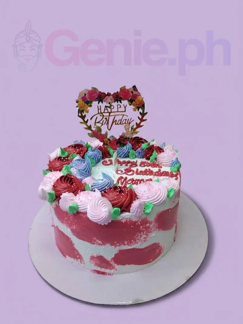 A pink and white 1-tier cake themed around Floral Heart, featuring a floral heart topper and colorful icing rosettes. A pink and white 1-tier cake themed around Floral Heart, featuring a floral heart topper and colorful icing rosettes.