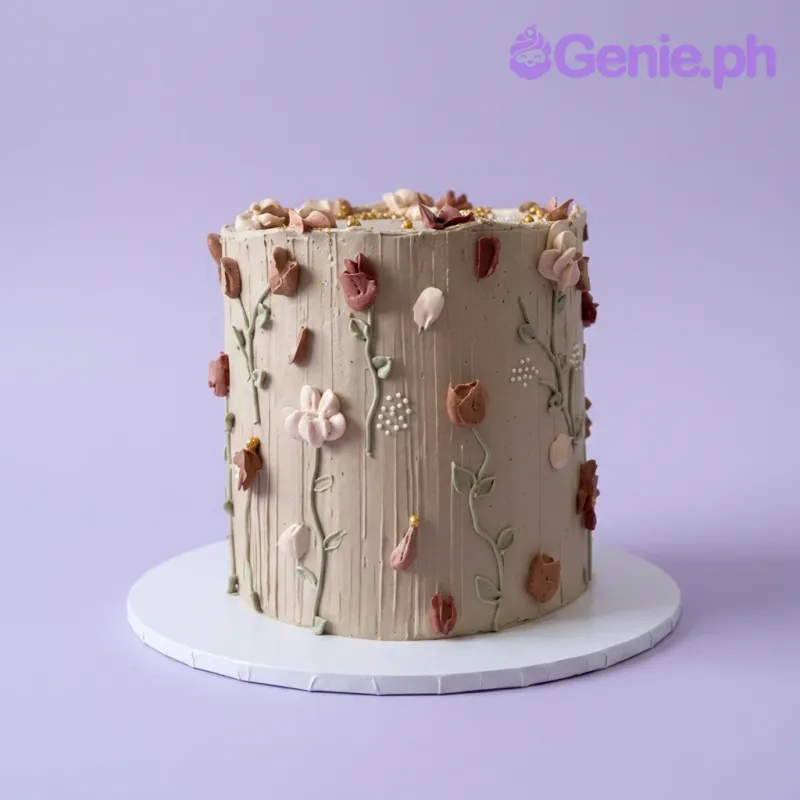 A beige 1-tier cake themed Floral Minimalist, featuring textured icing, palette knife flowers, and gold beads. A beige 1-tier cake themed Floral Minimalist, featuring textured icing, palette knife flowers, and gold beads.