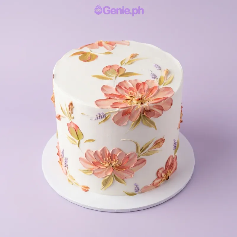 White single-tier cake with hand-painted pink and peach floral icing decorations White single-tier cake with hand-painted pink and peach floral icing decorations