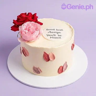 A white, red, pink 1-tier cake with Floral Minimalist theme, featuring fresh red and pink roses, palette knife petals, and black text. A white, red, pink 1-tier cake with Floral Minimalist theme, featuring fresh red and pink roses, palette knife petals, and black text.