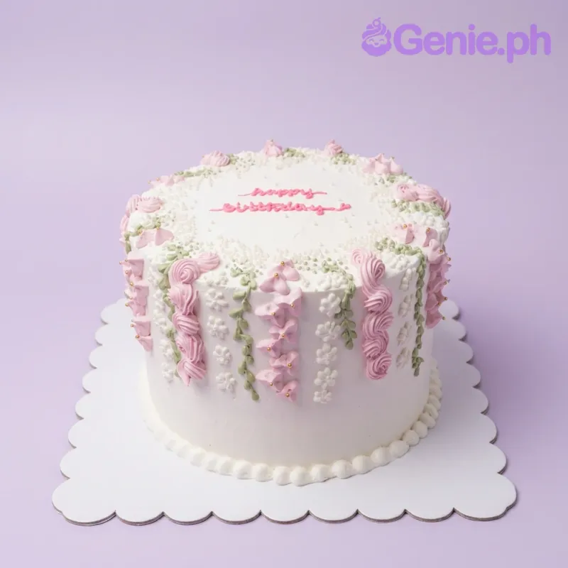 White minimalist birthday cake with pink and green floral icing decorations and a Happy Birthday message. White minimalist birthday cake with pink and green floral icing decorations and a Happy Birthday message.