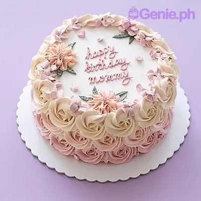 A pink, white, and green 1 Tier cake themed Floral Mommy, featuring rosettes, piped flowers, and 'happy birthday mommy' text. A pink, white, and green 1 Tier cake themed Floral Mommy, featuring rosettes, piped flowers, and 'happy birthday mommy' text.