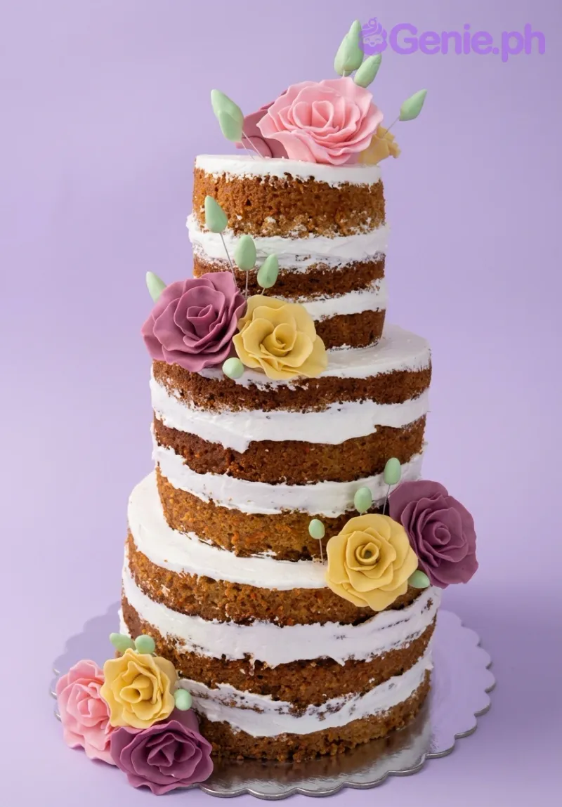 A chocolate and white three-tier naked cake, themed Floral, featuring pink, purple, yellow gumpaste roses and green buds. A chocolate and white three-tier naked cake, themed Floral, featuring pink, purple, yellow gumpaste roses and green buds.