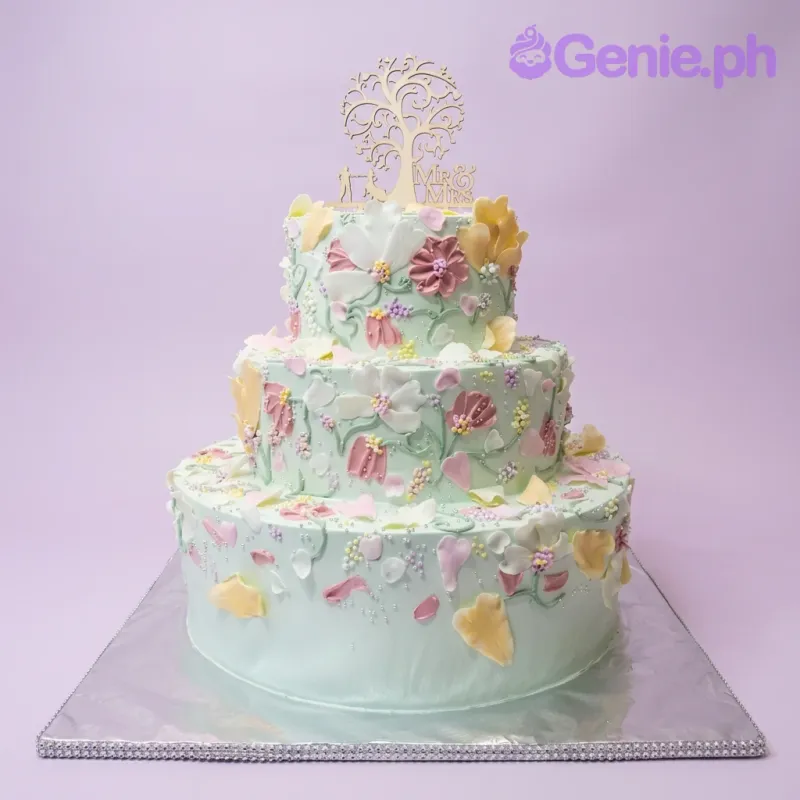 A mint green three-tier cake with pink, white, yellow floral palette knife designs, topped with a wooden tree topper. A mint green three-tier cake with pink, white, yellow floral palette knife designs, topped with a wooden tree topper.