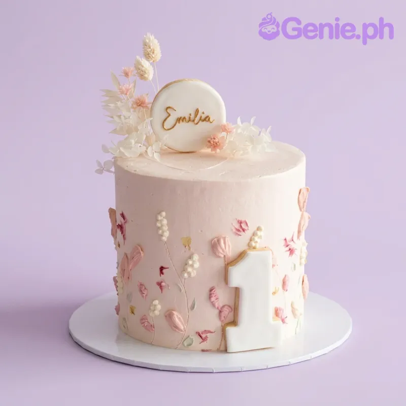 A light pink 1-tier cake with palette knife floral icing, a white number one, and a personalized name cookie. A light pink 1-tier cake with palette knife floral icing, a white number one, and a personalized name cookie.