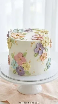 A white single tier cake themed around Floral Palette Knife, featuring multi-colored icing flowers and gold leaf accents. A white single tier cake themed around Floral Palette Knife, featuring multi-colored icing flowers and gold leaf accents.