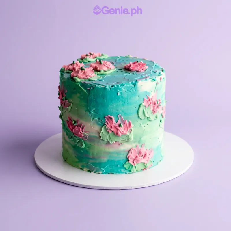 Teal single-tier cake with pink and green palette knife icing flowers Teal single-tier cake with pink and green palette knife icing flowers