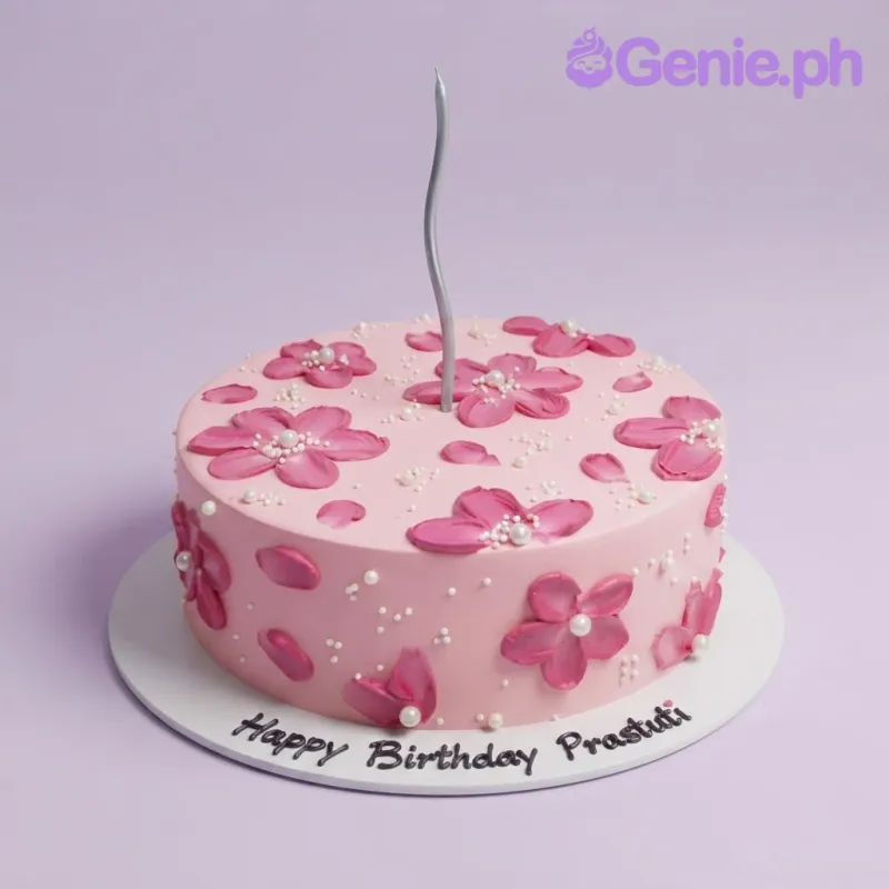 Pink 1 tier soft icing cake with hot pink palette knife flowers, white sugar pearls, and a tall purple candle Pink 1 tier soft icing cake with hot pink palette knife flowers, white sugar pearls, and a tall purple candle