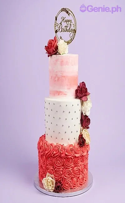 floral pink 3 Tier - pink, white, rose theme with circular happy birthday topper and roses cascading on sides floral pink 3 Tier - pink, white, rose theme with circular happy birthday topper and roses cascading on sides