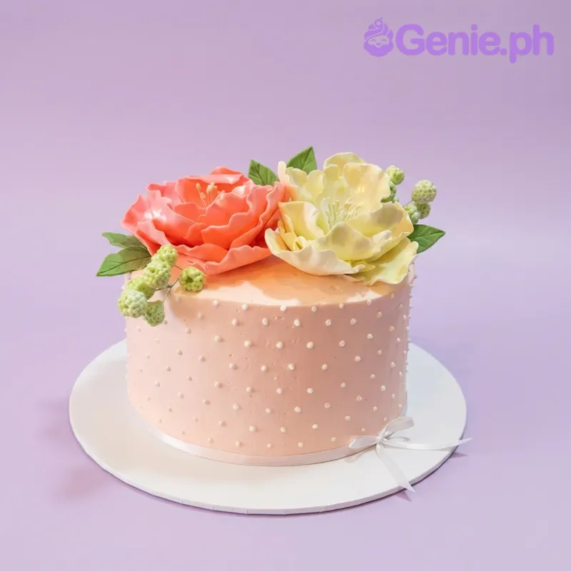 A light pink single tier cake themed Floral Pink, featuring large peach and yellow gumpaste flowers and white icing dots. A light pink single tier cake themed Floral Pink, featuring large peach and yellow gumpaste flowers and white icing dots.