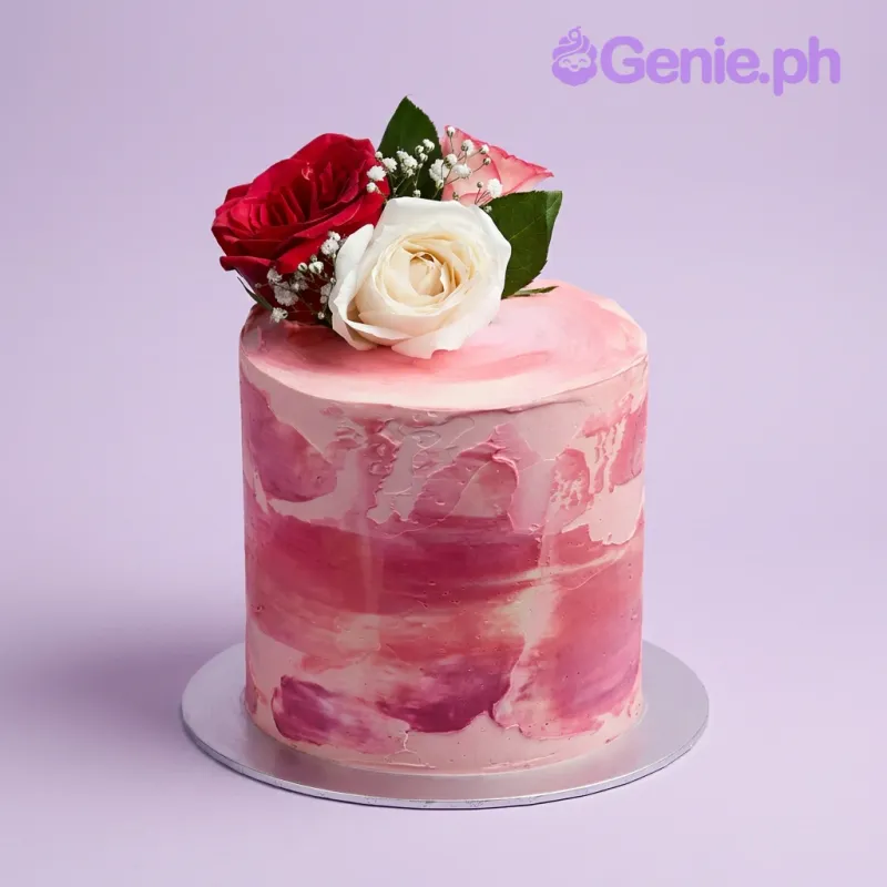 Pink swirled soft-icing cake topped with a cluster of fresh red and white roses and baby's breath Pink swirled soft-icing cake topped with a cluster of fresh red and white roses and baby's breath