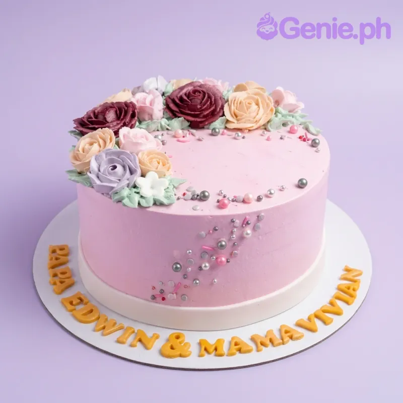 A pink 1 Tier cake themed around Floral Pink, featuring edible gumpaste roses and green leaves, accented with dragees. A pink 1 Tier cake themed around Floral Pink, featuring edible gumpaste roses and green leaves, accented with dragees.