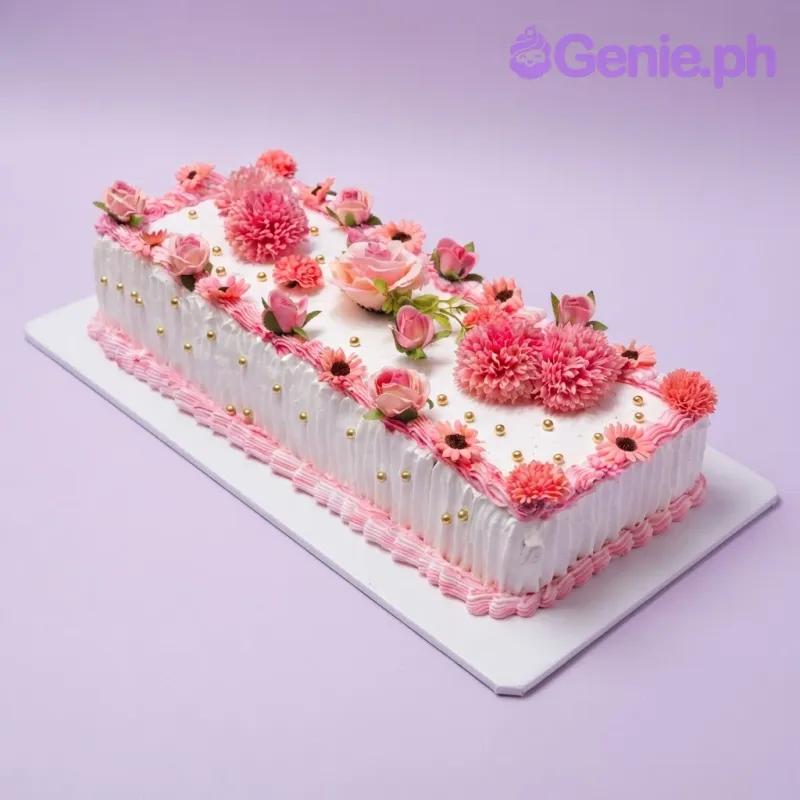 White rectangle cake with smooth soft icing, edible fondant pink roses, and pink piped ruffled borders White rectangle cake with smooth soft icing, edible fondant pink roses, and pink piped ruffled borders