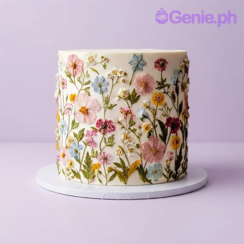 White 1-tier cake with smooth soft icing, Floral Pressed Cake theme, and pressed style edible fondant flowers White 1-tier cake with smooth soft icing, Floral Pressed Cake theme, and pressed style edible fondant flowers