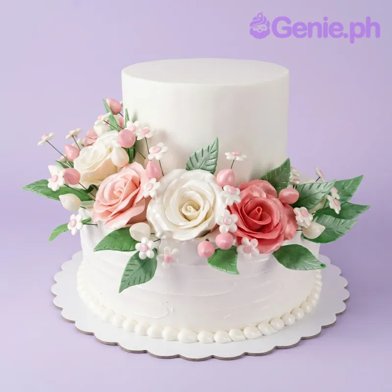 A white two-tier floral rose cake, featuring large pink and white gumpaste roses, green leaves, and piped icing rosettes. A white two-tier floral rose cake, featuring large pink and white gumpaste roses, green leaves, and piped icing rosettes.