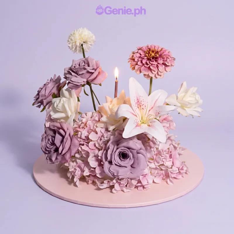 A white 1 Tier square cake themed around Floral, featuring a lit candle, pink and lavender roses, lilies, and hydrangeas. A white 1 Tier square cake themed around Floral, featuring a lit candle, pink and lavender roses, lilies, and hydrangeas.