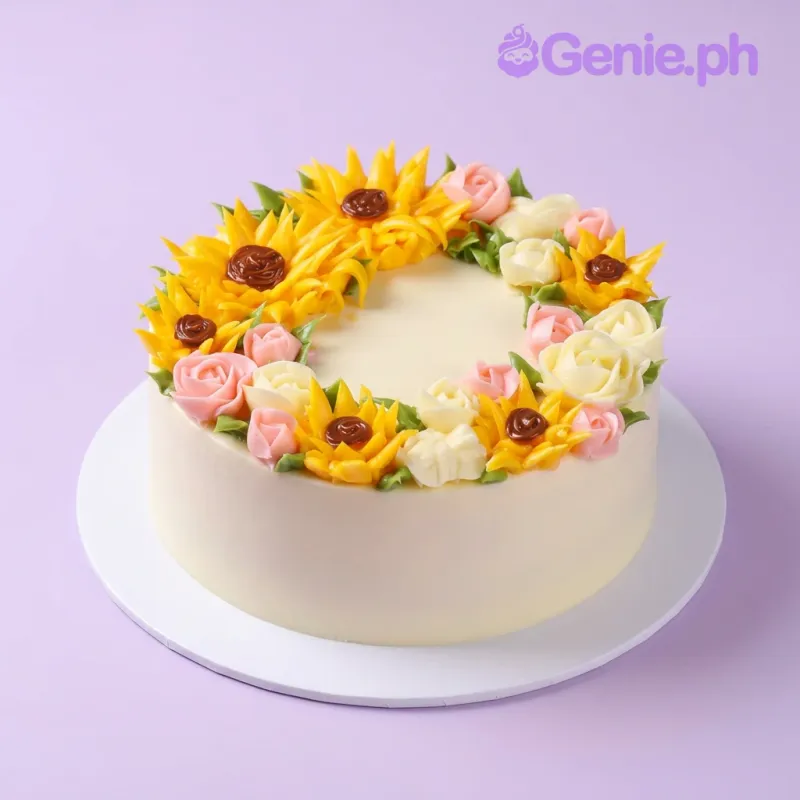 White single-tier cake with smooth soft icing, topped with a wreath of piped icing sunflowers and pink and white roses White single-tier cake with smooth soft icing, topped with a wreath of piped icing sunflowers and pink and white roses