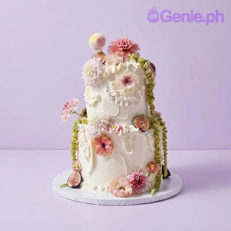 White 2-tier soft icing cake with edible pink flowers, trailing green vines, and molded fig slices