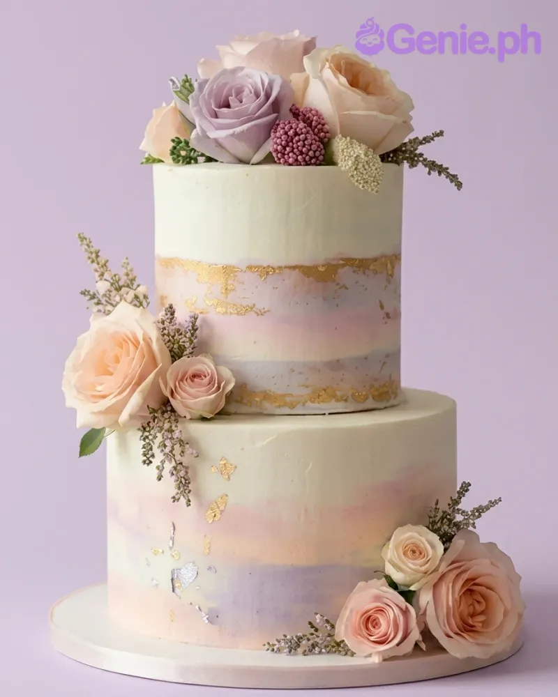 A white 2-tier cake themed around Floral Watercolor, featuring fresh pink, lavender, and peach roses and gold leaf flakes.