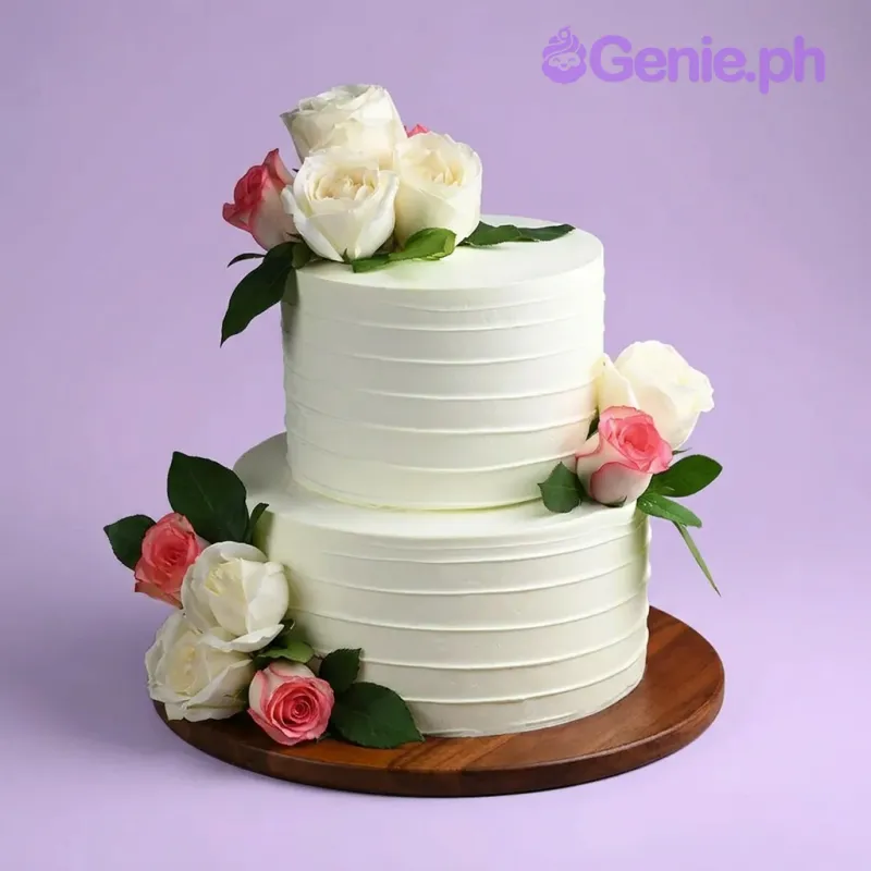 White 2-tier cake with horizontal textured soft icing and clusters of fresh white and pink roses White 2-tier cake with horizontal textured soft icing and clusters of fresh white and pink roses