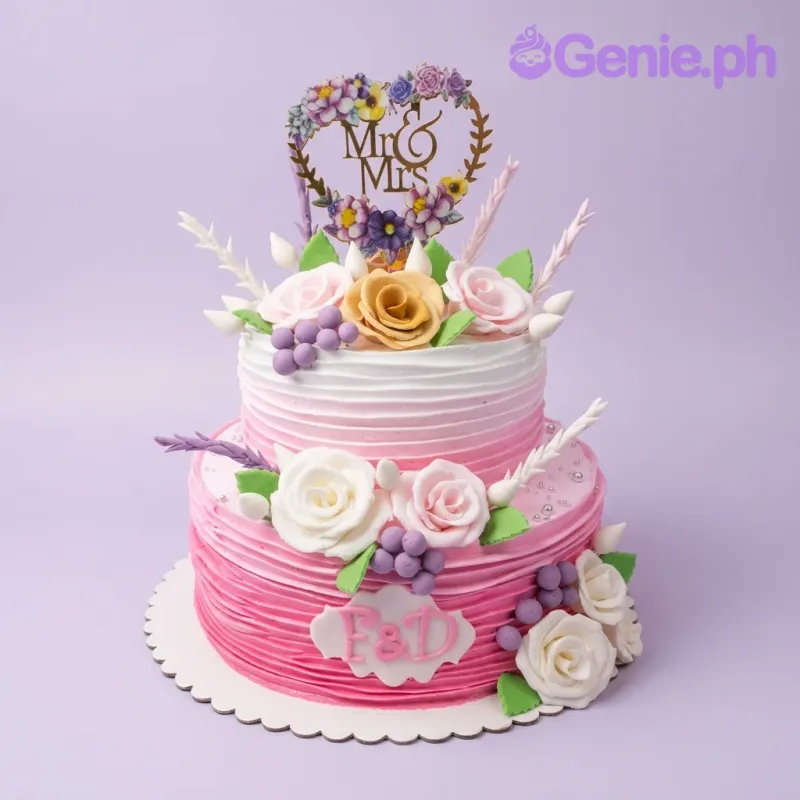 A pink and white ombre two-tier cake, with a floral 'Mr & Mrs' heart topper, ruffles, and gumpaste roses. A pink and white ombre two-tier cake, with a floral 'Mr & Mrs' heart topper, ruffles, and gumpaste roses.