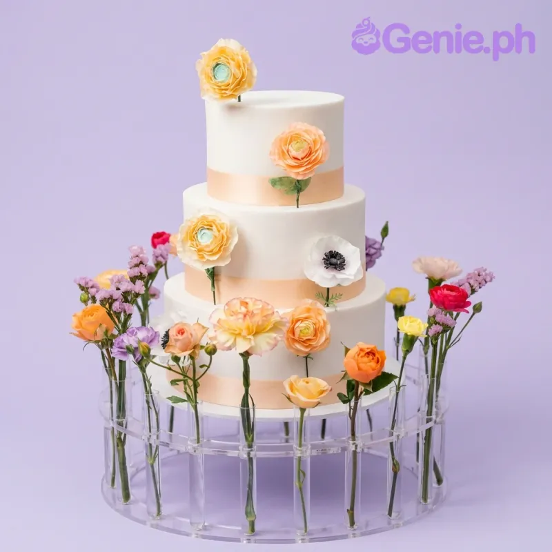 A white 3-tier fondant cake themed Floral Wedding, featuring peach and ivory ranunculus, white anemone flowers, and peach satin ribbons. A white 3-tier fondant cake themed Floral Wedding, featuring peach and ivory ranunculus, white anemone flowers, and peach satin ribbons.