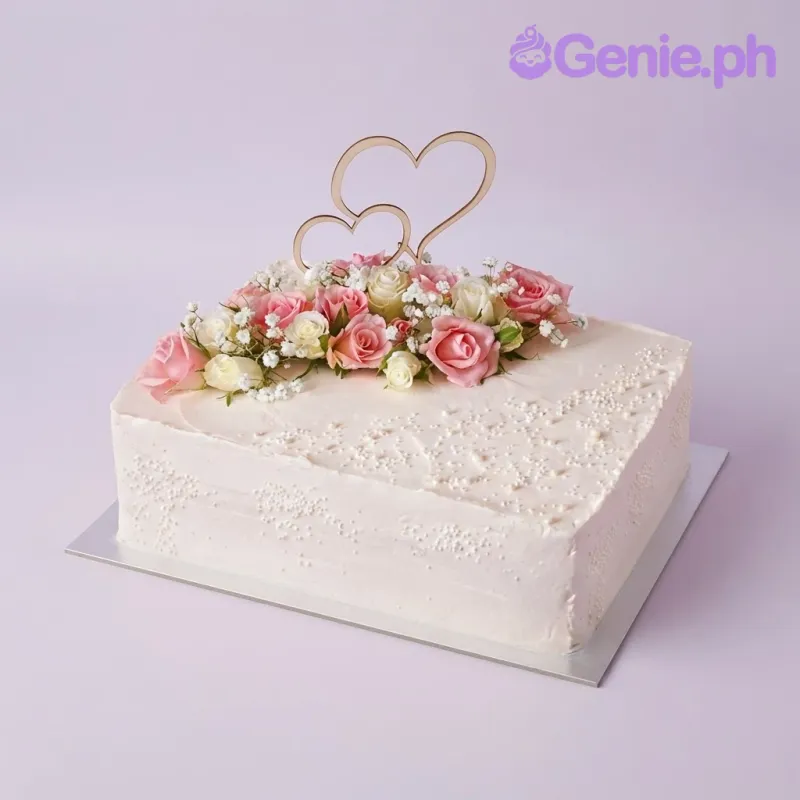 Crisp white rectangle cake with smooth soft icing, floral wedding theme, pink and white fondant roses, and a cardstock hearts topper Crisp white rectangle cake with smooth soft icing, floral wedding theme, pink and white fondant roses, and a cardstock hearts topper