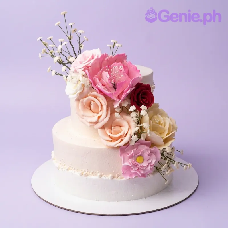 A white two-tier Floral cake featuring cascading pink, peach, and cream gumpaste flowers, white baby's breath, and pearl sprinkles. A white two-tier Floral cake featuring cascading pink, peach, and cream gumpaste flowers, white baby's breath, and pearl sprinkles.