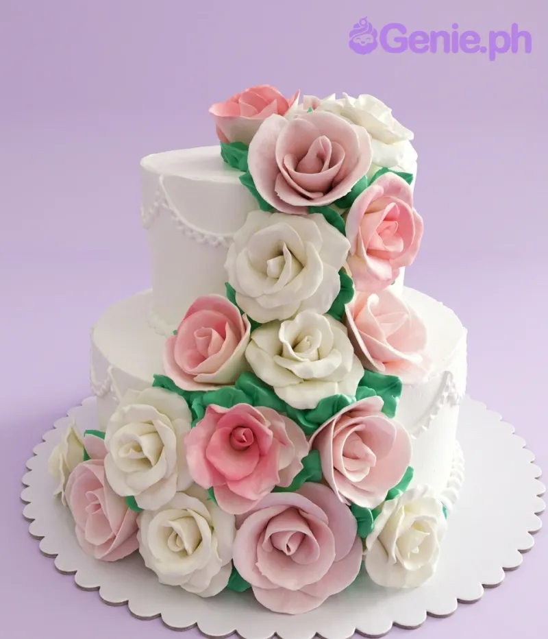Elegant two-tier white cake adorned with a cascading floral arrangement of pink and white gumpaste roses and green leaves. Elegant two-tier white cake adorned with a cascading floral arrangement of pink and white gumpaste roses and green leaves.
