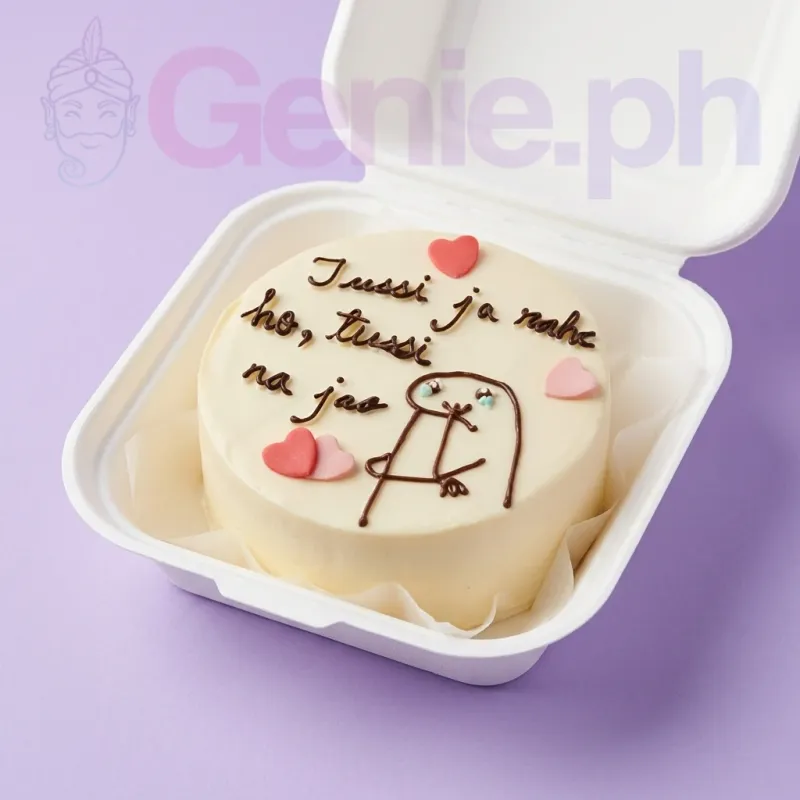 A white bento cake themed around Flork, featuring a crying stick figure character, pink and red hearts, and black text. A white bento cake themed around Flork, featuring a crying stick figure character, pink and red hearts, and black text.
