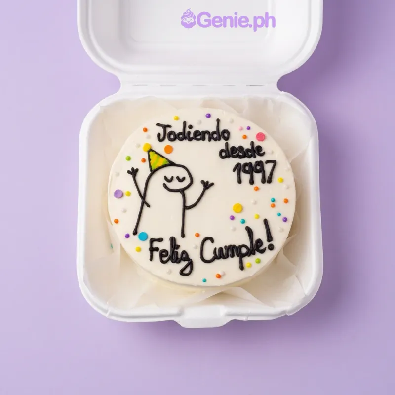 White bento cake with hand-piped Flork character drawing and colorful sprinkles White bento cake with hand-piped Flork character drawing and colorful sprinkles