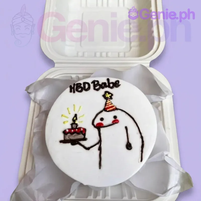 A white Bento cake themed around Flork, featuring a hand-drawn Flork character with a party hat and a mini cake, and 'HBD Babe' text. A white Bento cake themed around Flork, featuring a hand-drawn Flork character with a party hat and a mini cake, and 'HBD Babe' text.