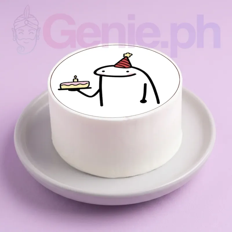 A white 1 Tier cake themed around Flork, featuring a Flork character printout wearing a red party hat and holding a small cake. A white 1 Tier cake themed around Flork, featuring a Flork character printout wearing a red party hat and holding a small cake.