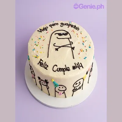 Flork Birthday cake design — 1 layer soft icing cake in ivory — with flork character drawing, multi-colored sprinkles, flork character side drawings, and custom "Viejo pero guapetón" message Flork Birthday cake design — 1 layer soft icing cake in ivory — with flork character drawing, multi-colored sprinkles, flork character side drawings, and custom "Viejo pero guapetón" message