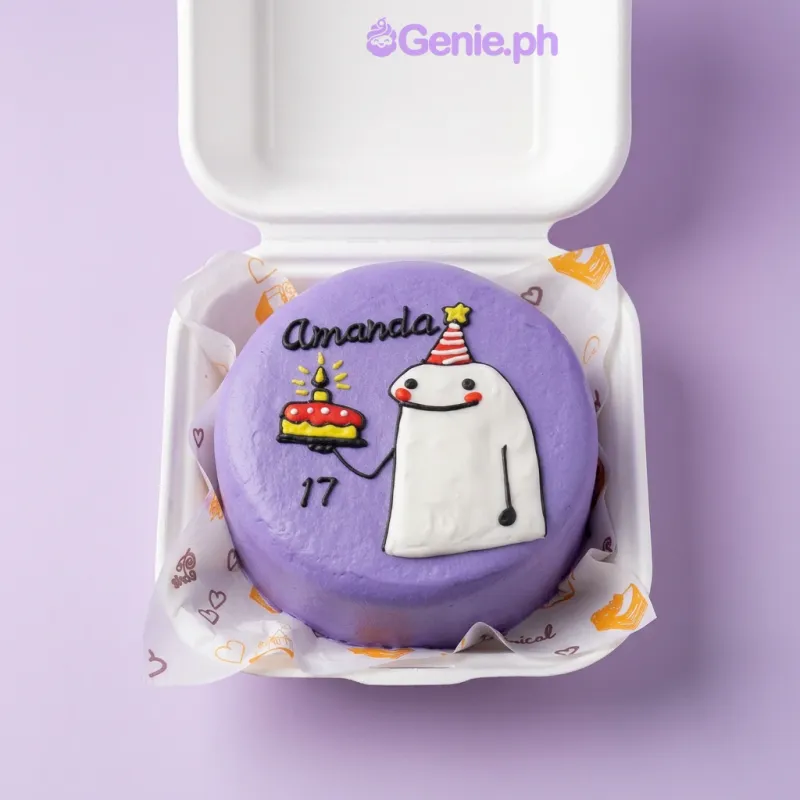 Purple bento cake with a Flork character holding a cake and the name Amanda written in black icing Purple bento cake with a Flork character holding a cake and the name Amanda written in black icing