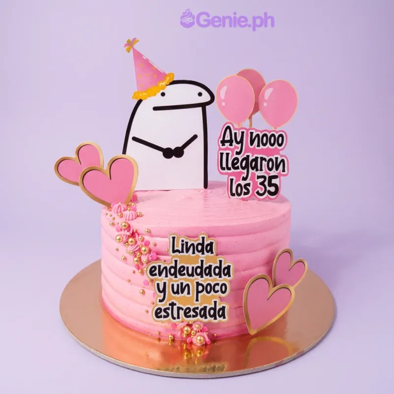 Pink 1-tier birthday cake with Flork character printout and heart toppers Pink 1-tier birthday cake with Flork character printout and heart toppers