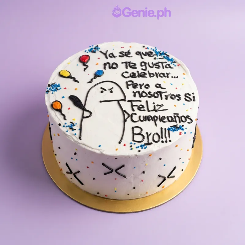 White 1-tier birthday cake with piped Flork character and colorful balloon icing decorations White 1-tier birthday cake with piped Flork character and colorful balloon icing decorations
