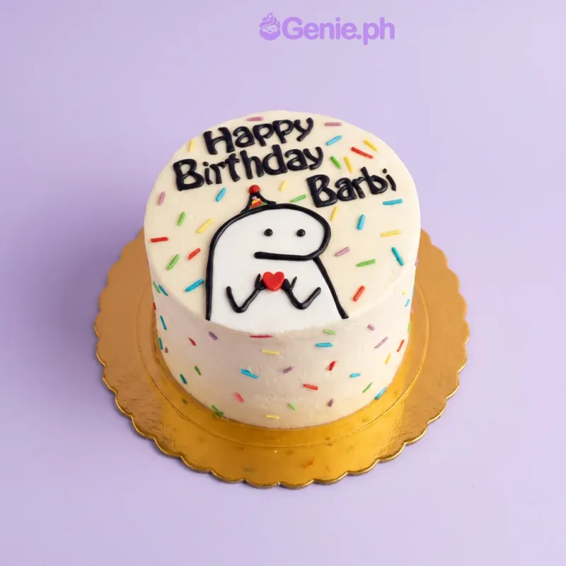 Flork Birthday cake design — 1 layer soft icing cake in white — with Flork of Cows character with party hat and heart, colorful sprinkles, and custom "Happy Birthday" message Flork Birthday cake design — 1 layer soft icing cake in white — with Flork of Cows character with party hat and heart, colorful sprinkles, and custom "Happy Birthday" message
