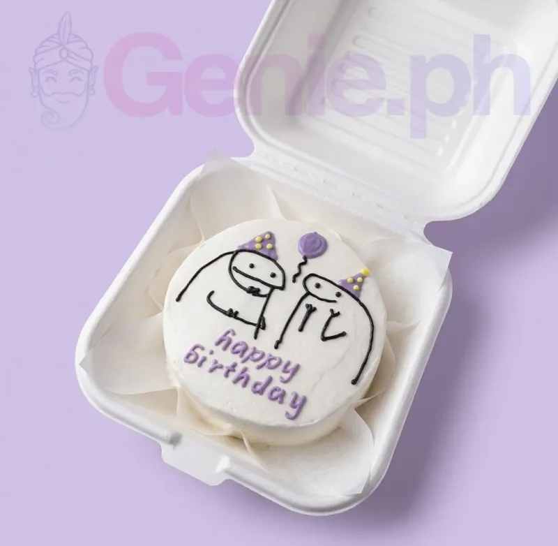 A white bento Flork cake featuring two hand-drawn Flork characters with purple hats, a balloon, and 'happy birthday' text. A white bento Flork cake featuring two hand-drawn Flork characters with purple hats, a balloon, and 'happy birthday' text.