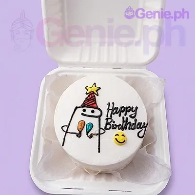 White bento cake, Flork Birthday themed, with Flork character, party hat, balloons, and 'Happy Birthday' text. White bento cake, Flork Birthday themed, with Flork character, party hat, balloons, and 'Happy Birthday' text.