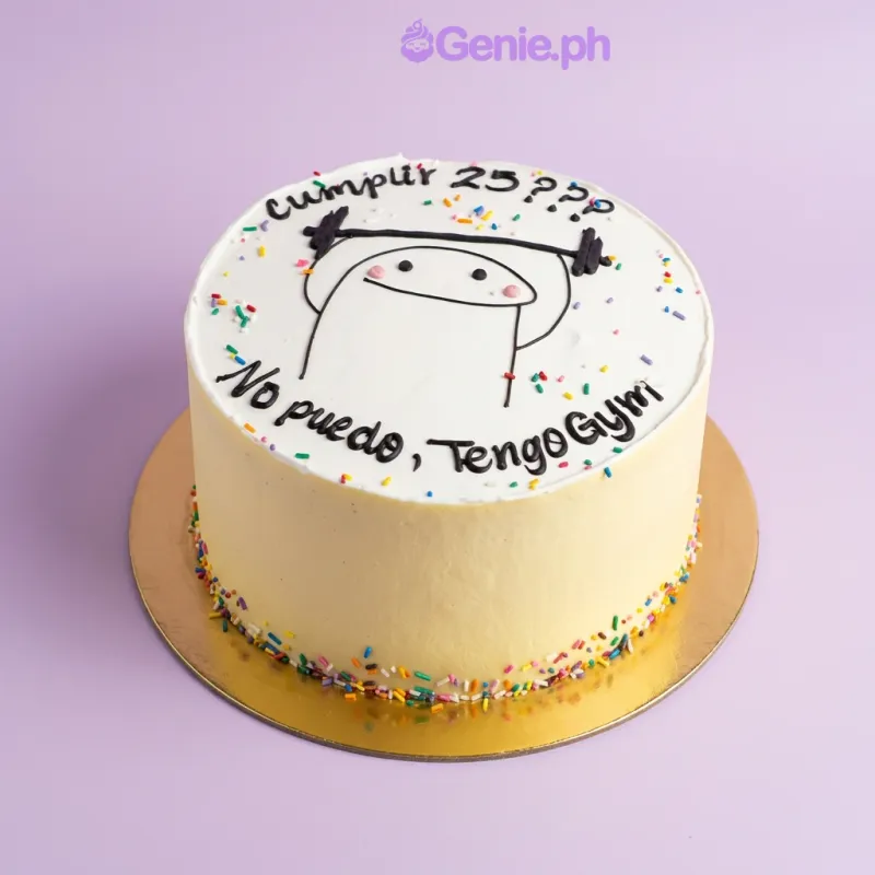 White 1-tier cake with Flork meme character printout and gym-themed text, surrounded by Flork character cookies White 1-tier cake with Flork meme character printout and gym-themed text, surrounded by Flork character cookies