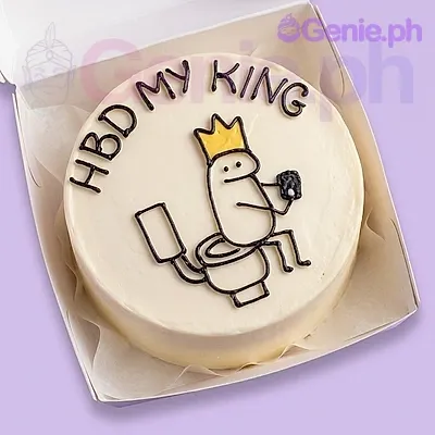 A white bento cake themed around Flork King, featuring a Flork character with a gold crown on a toilet and the text 'HBD MY KING'. A white bento cake themed around Flork King, featuring a Flork character with a gold crown on a toilet and the text 'HBD MY KING'.