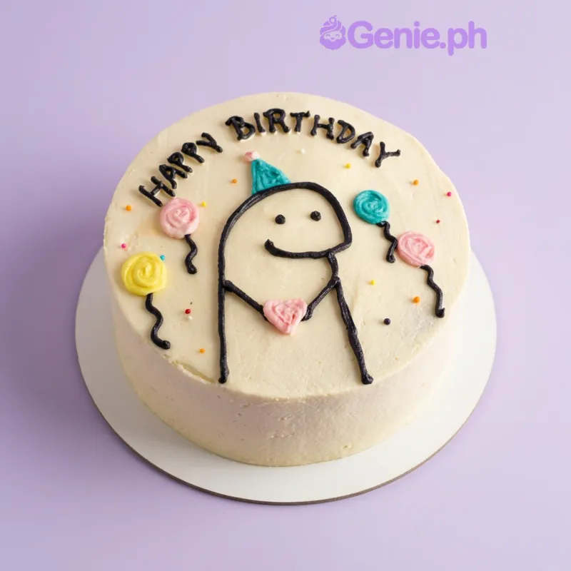 Ivory round cake with a piped black Flork meme character and colorful icing balloons Ivory round cake with a piped black Flork meme character and colorful icing balloons