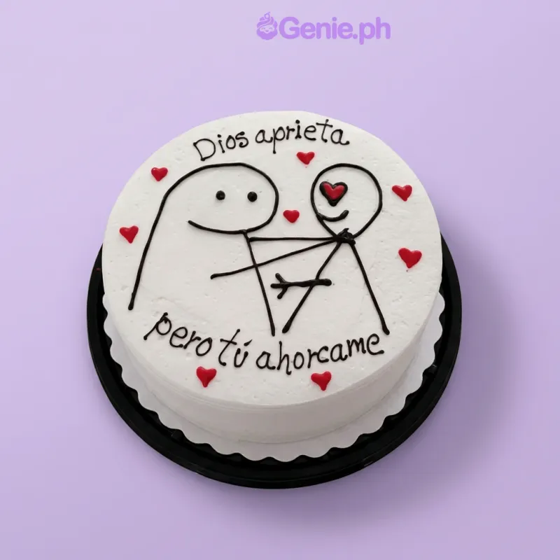 White 1-tier cake with black piped Flork meme figures and red heart accents White 1-tier cake with black piped Flork meme figures and red heart accents