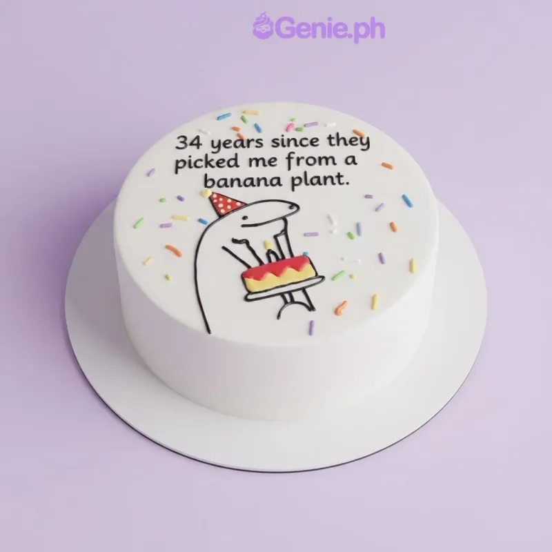 One tier white cake with a Flork character printout and colorful sprinkles One tier white cake with a Flork character printout and colorful sprinkles